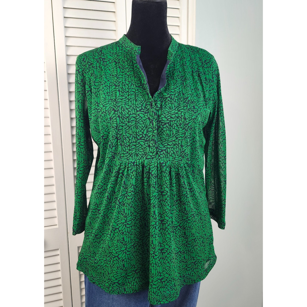 3/$20 Liz Claiborne Floral Top Small Green & Navy Sheer Sleeve Y2K